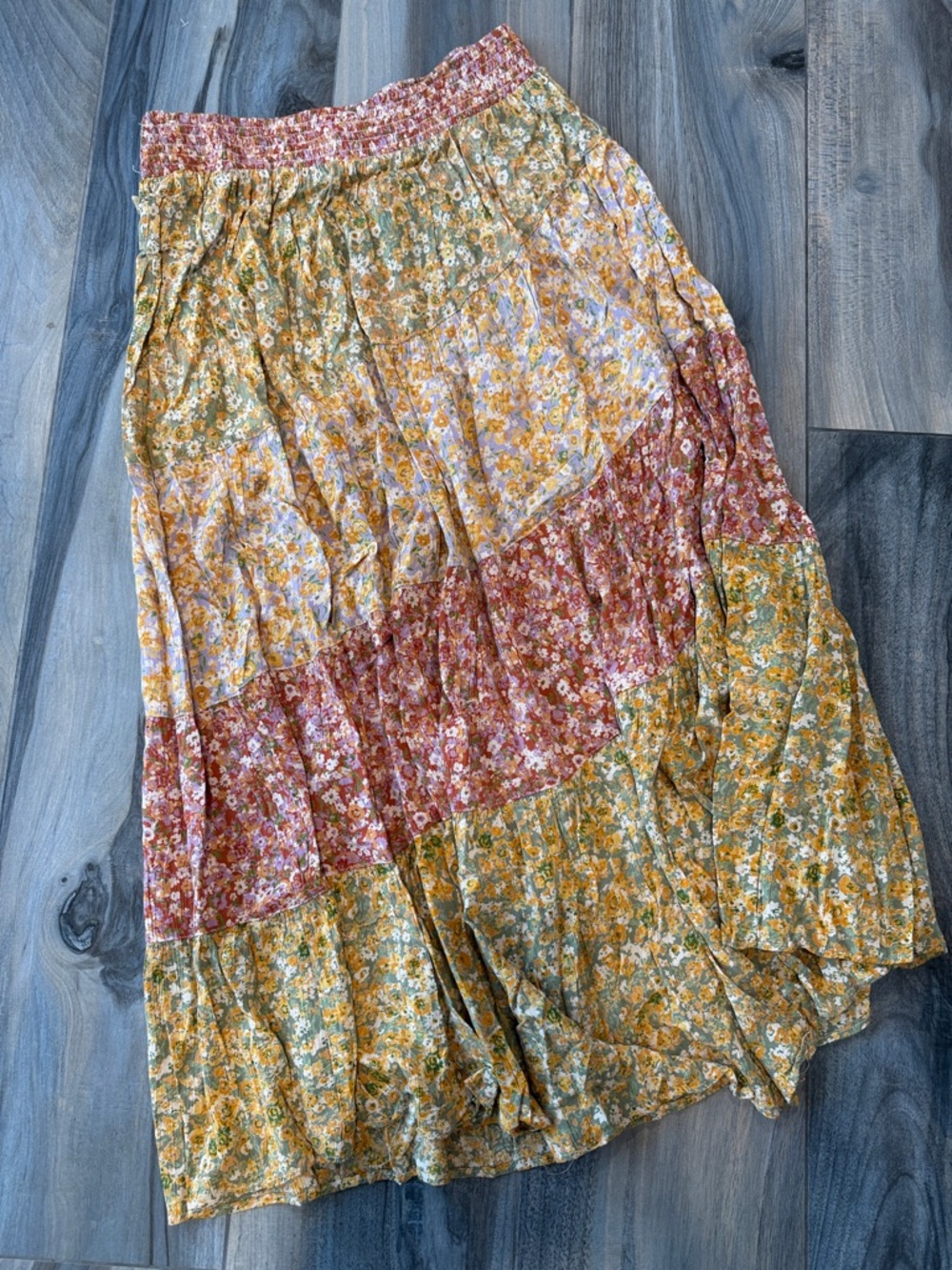 Women's Floral Tiered Maxi Skirt - Yellow green and rust